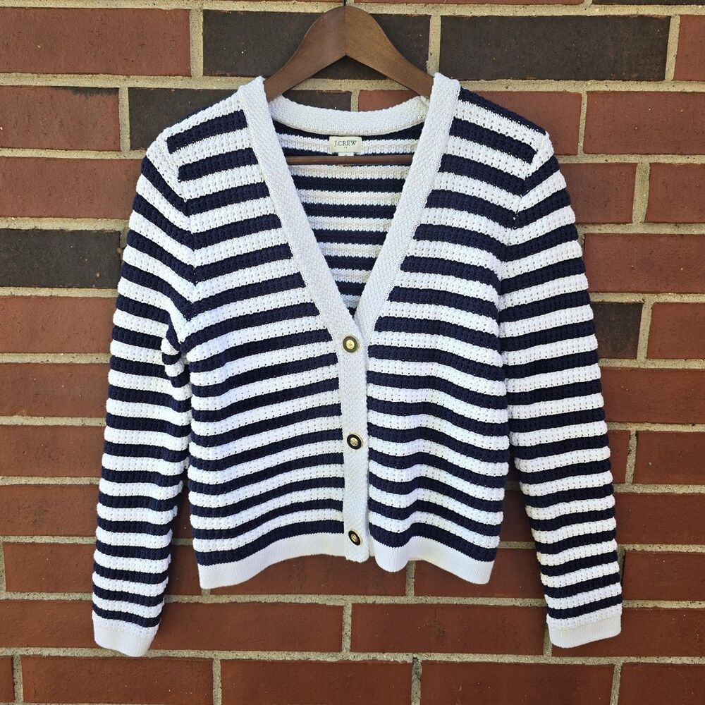 J.Crew Navy White Striped Textured Knit Cardigan Gold Button Sweater S Nautical